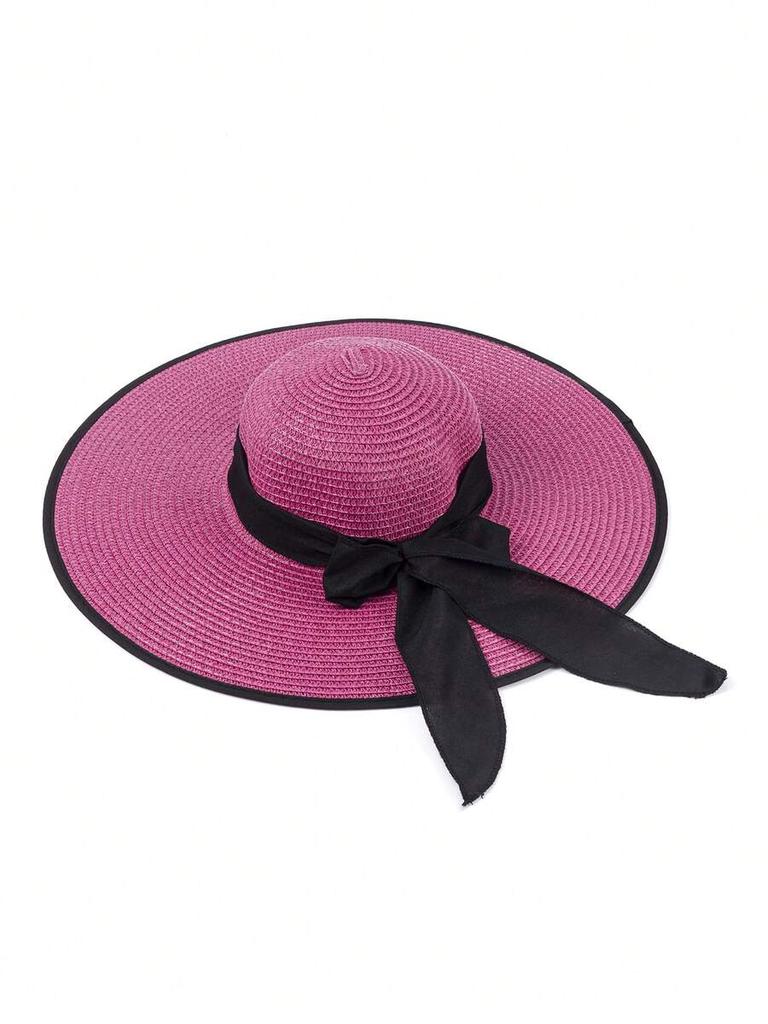 Solid Color Bohemian Straw Sun Hat With Bow Wide Brim Round Top UV Protection Windproof