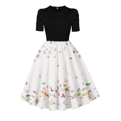 Platform Women's Clothing Supply Retro Round Neck Short-sleeved Printed Pendulum Dress