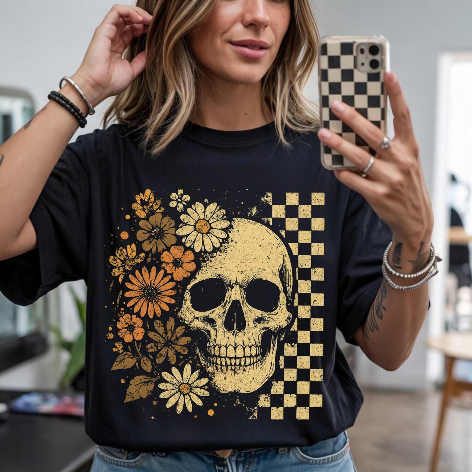 Floral Skull Checkerboard T-Shirt, Retro Sunflower Graphic Tee M