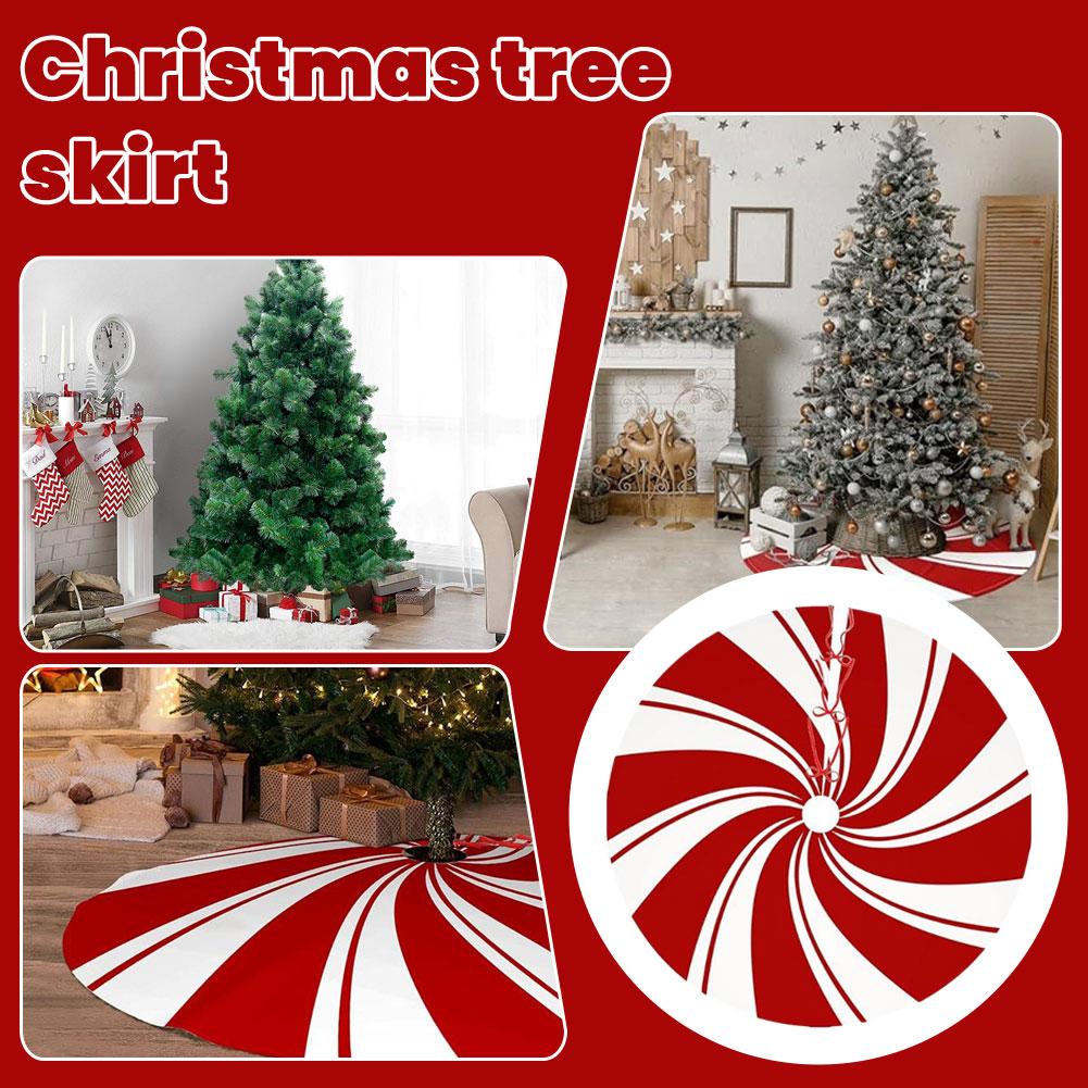 120cm Christmas Tree Skirt Red Swirl Peppermint Candy Snowman Reindeer Snowflake Xmas Home Party Decor Base Cover Carpet