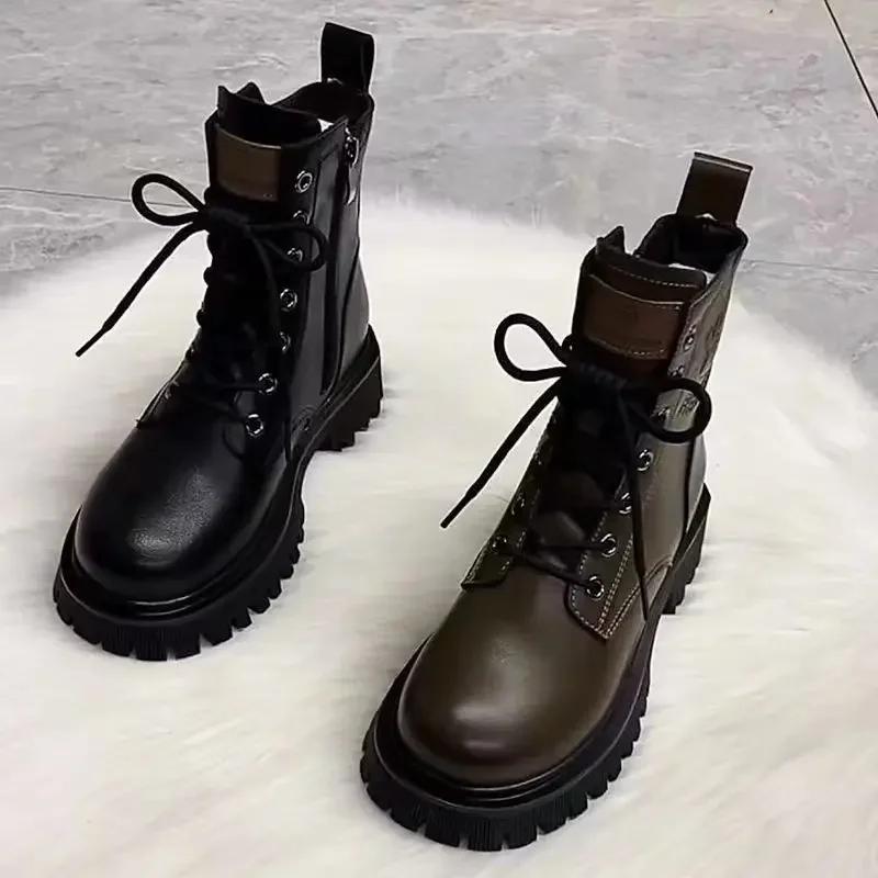 Fashion Soft Leather Motorcycle Boots Women's Autumn Winter New Style British Style Thick Bottom Low Heel Versatile Retro Short Boots