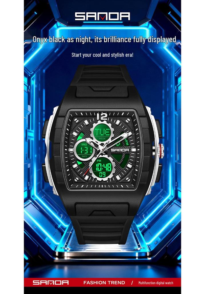 Sanda Men's Sports Barrel-Shaped Luminous Countdown Watch with Triple Time Zone and Dual Display, Waterproof Design.