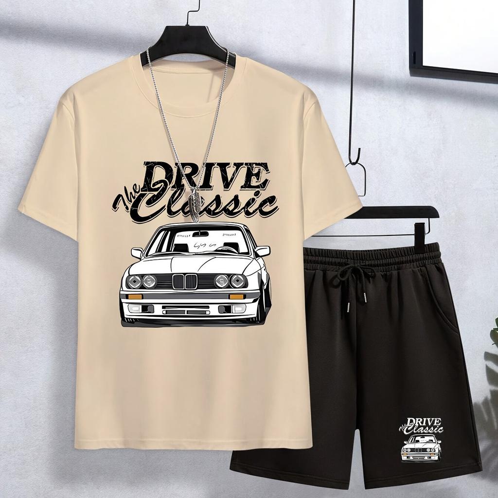 Conjunto masculino de manga curta Moda casual BMW carro Estampado tendência de rua gola redonda conjunto de shorts de manga curta Conjunto masculino de duas peças
