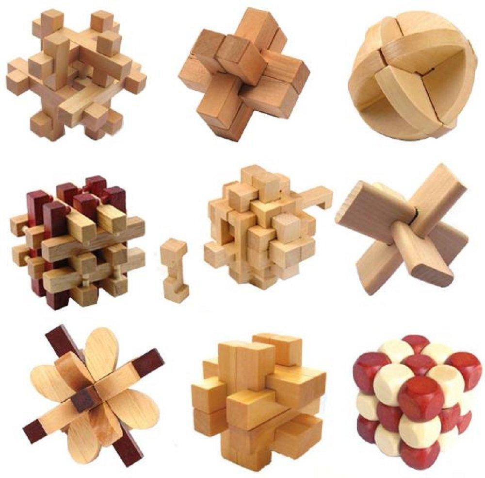 

[Myth Square] 3D Kongming Puzzle Set of 9, 3D Adult Intellectual Toy with Walkthrough (Instruction Manual), Natural Wood, Challenging