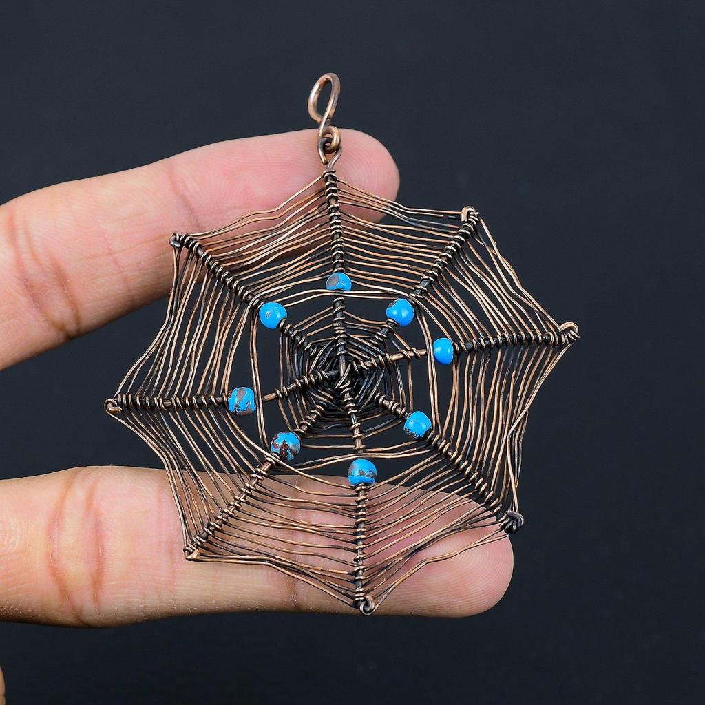 Spider Web Shaped Turquoise Gemstone Pure Copper Wire Wrapped Handmade Pendant Jewelry