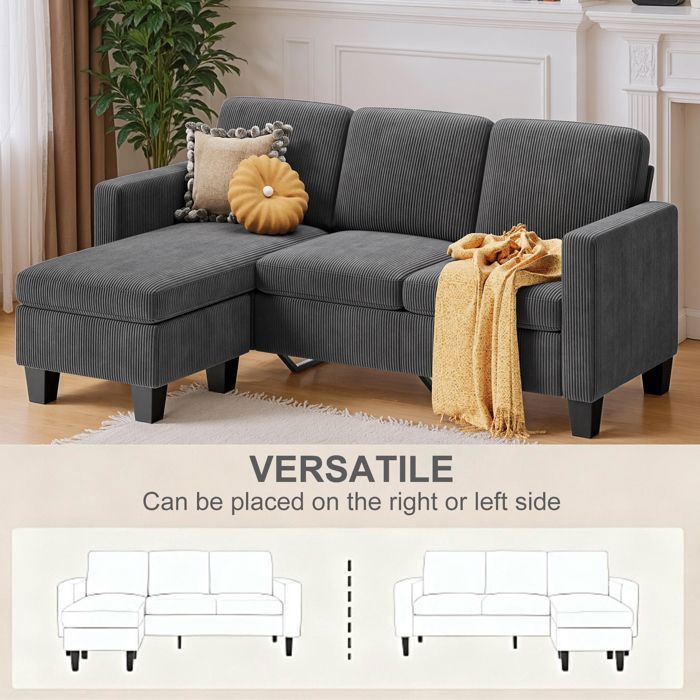 Divano ad angolo reversibile - Bealife - Divano modulare a L - 3 posti - Pouf - Velluto a coste - Grigio - 188 x 136 x 89 cm