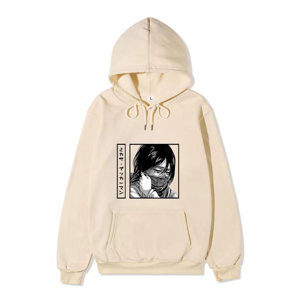 Unisex Attack on Titan Mikasa Ackerman Hoodie, Black White Manga Graphic Print Long Sleeve Pullover Hooded Sweatshirt Streetwear