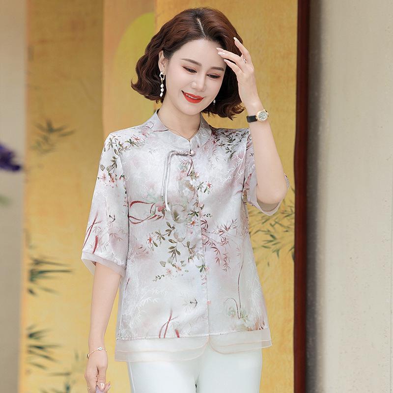 

Women s Summer Faux Silk Printed Casual Loose Top for Middle-Aged & Elderly 4XL (135-150 jin) розовый
