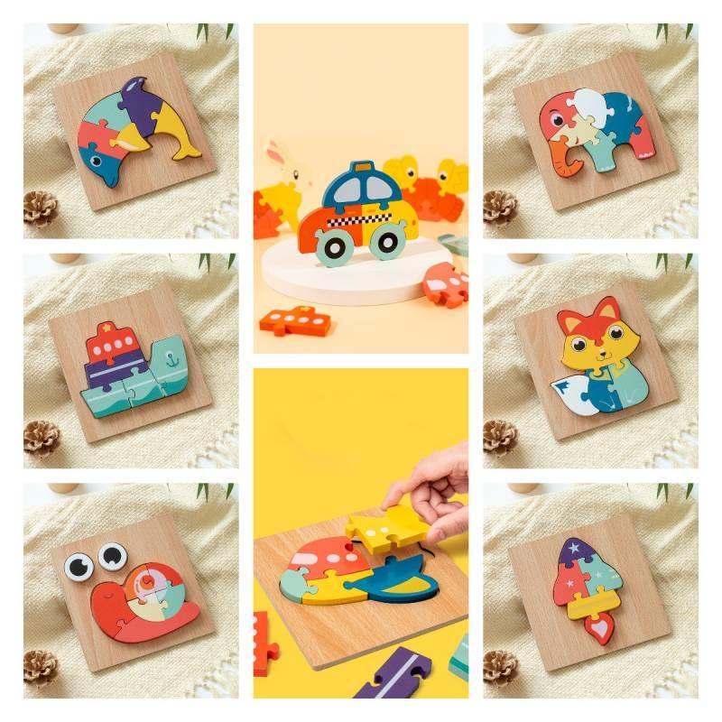 Wooden 3d Puzzle Cognitive Animal Traffic Shapes Matching Blocks For Early Education