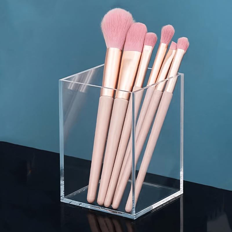 1pc Clear Acrylic Square Pen Holder, Cosmetic Brush Organizer, Desktop Stationery Storage for Students and Office