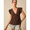 Camisa de Mujer Verano Calada Vacaciones Cuello en V Fruncida Manga Corta Encaje Blanca Blusa Moda Mujer Elegantes Tops Ajuste Ceñido Casual Suelta Camisas Femeninas