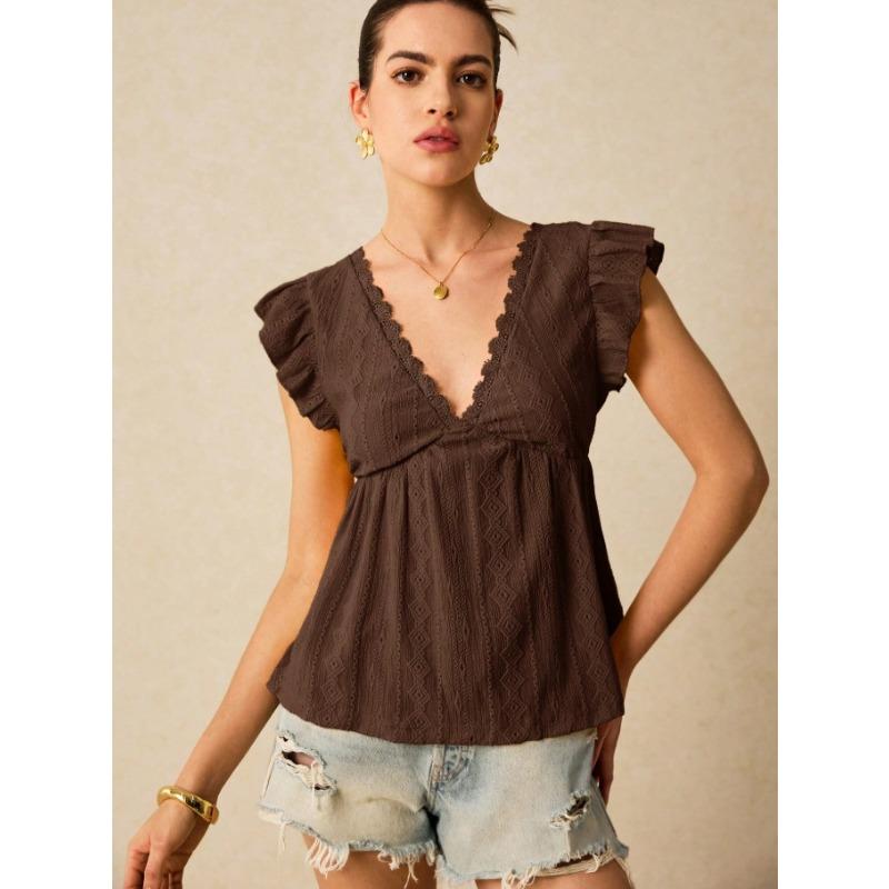 Camisa de Mujer Verano Calada Vacaciones Cuello en V Fruncida Manga Corta Encaje Blanca Blusa Moda Mujer Elegantes Tops Ajuste Ceñido Casual Suelta Camisas Femeninas