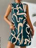 Women's High Neck Sleeveless Abstract Print Loose Fit Mid Waist Casual Mini Dress A Line Dress