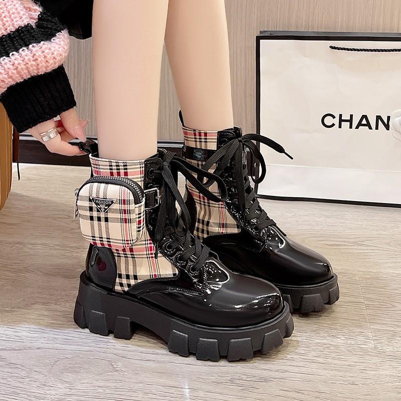 Trendy Pocket Bag Martin Boots Fleece Thick-Soled Round Head Short Fashion Boots