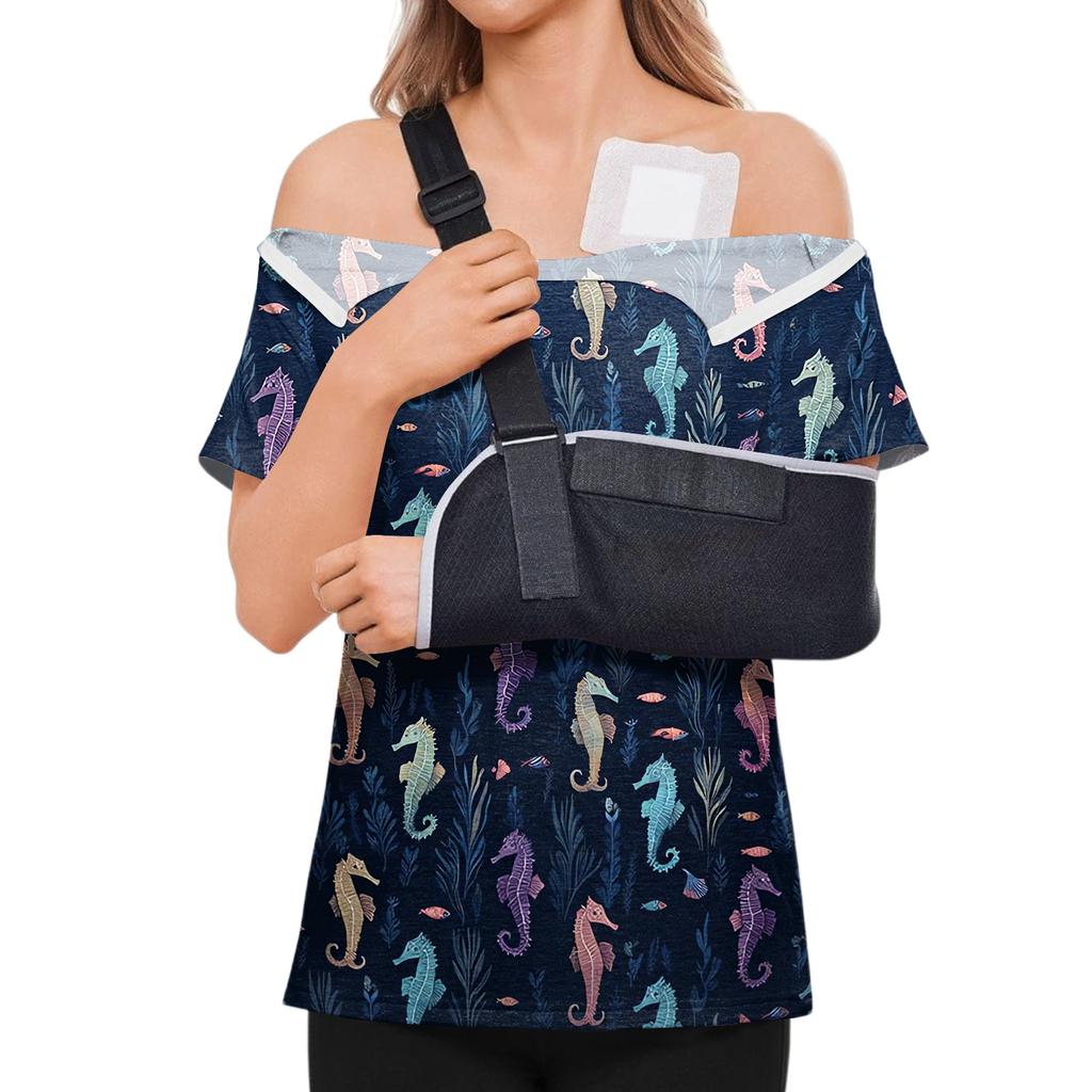 Post Surgery Shirt for Women Animal Print Short Sleeve Side Magic Tape Closure Shoulder Zipper Comfortable Recovery Top