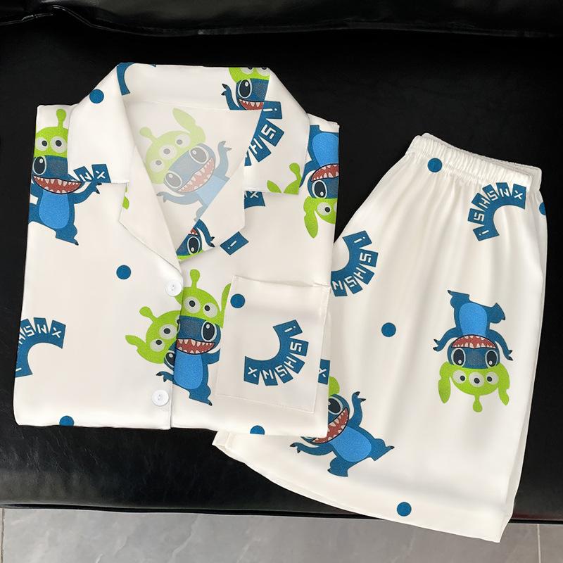 Stitch Cartoon Ice Silk Pajamas Women'S Summer Short-Sleeved Cute Loungewear Two-Piece Set