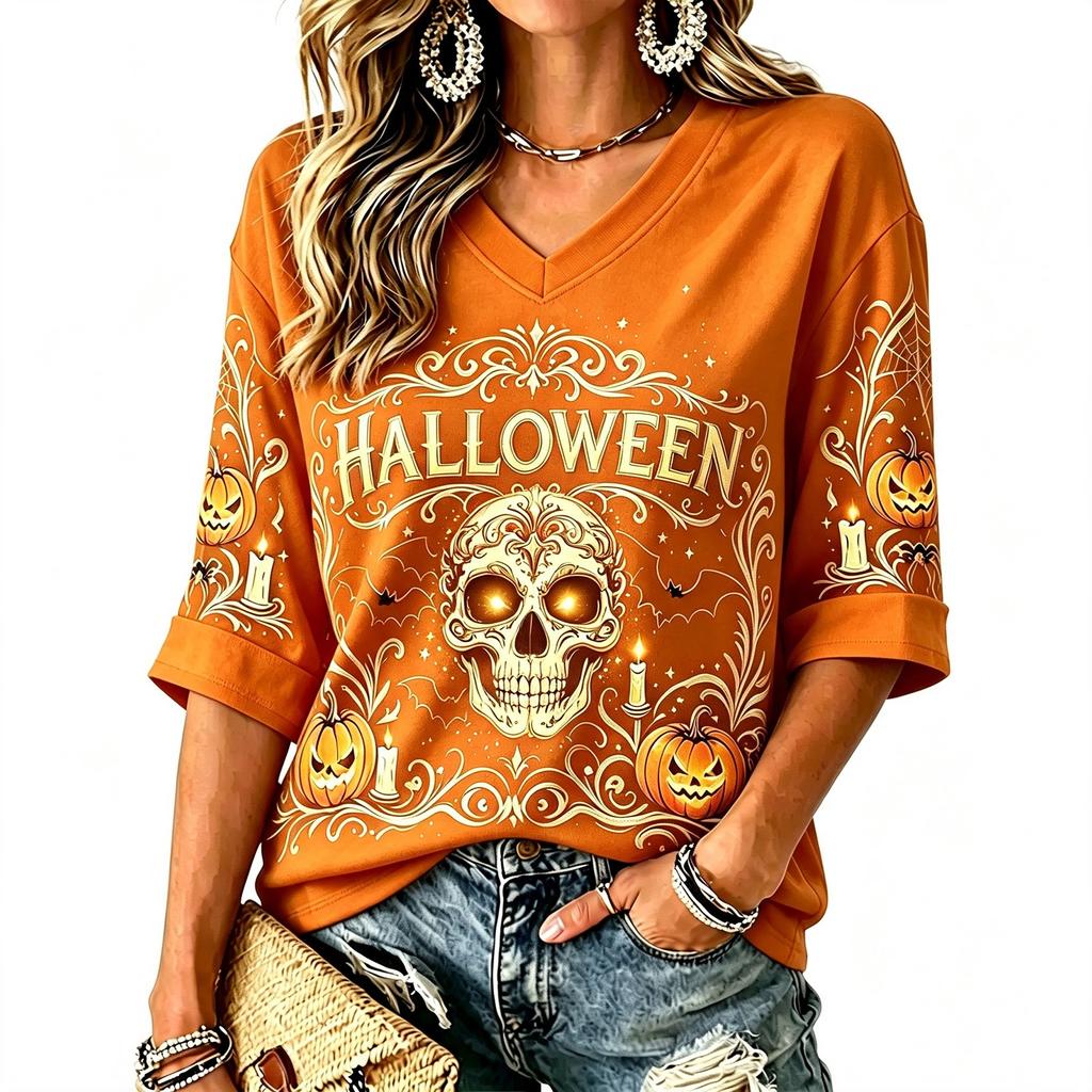 Women's Halloween Print V-Neck T-Shirt Casual Festive Party Top