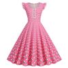 Vestido Feminino Retrô com Decote Quadrado, Manga de Renda, Estampa de Bolinhas, Saia Rodada, Cinco Cores