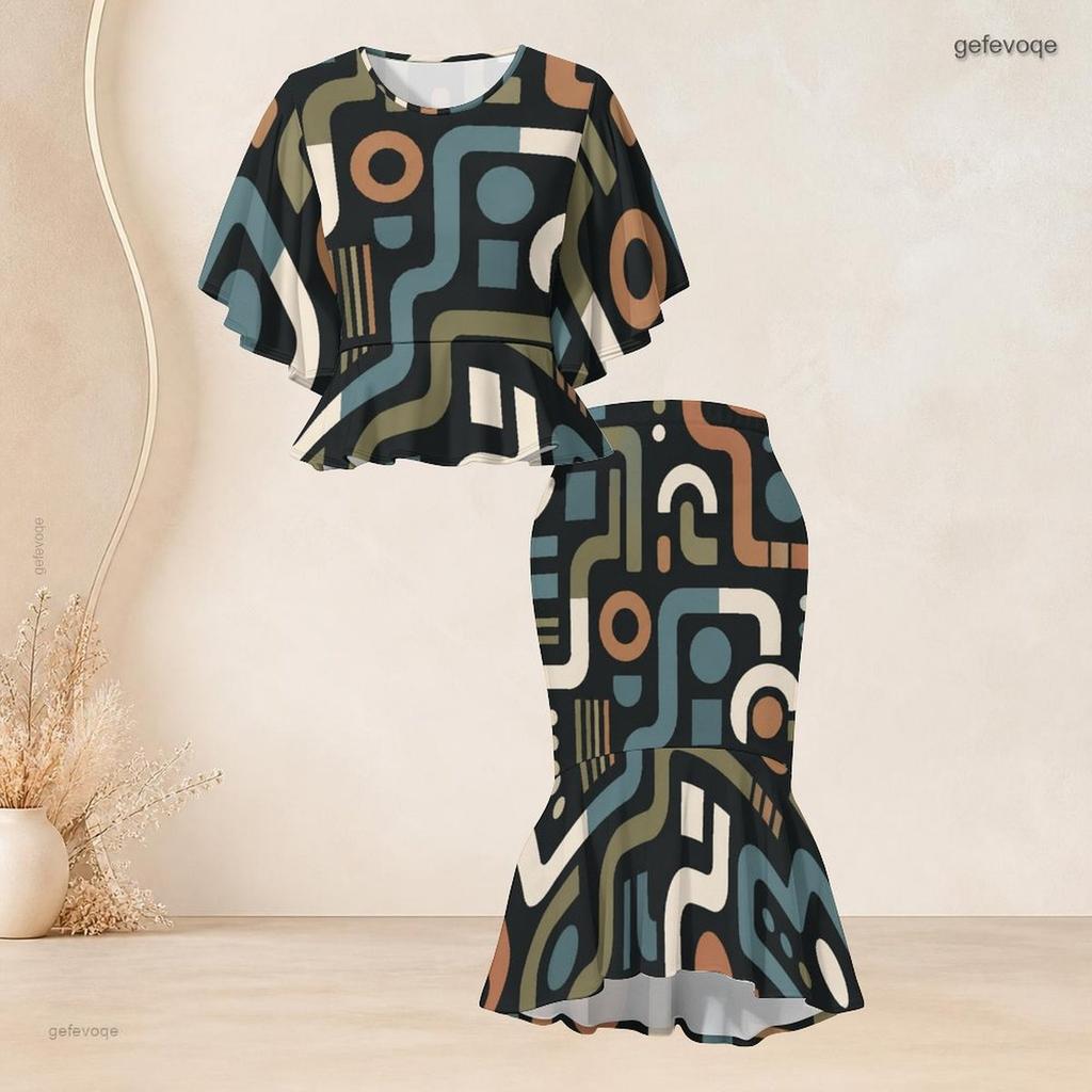 Women Plus Size Printed Round Neck Batwing Sleeve Ruffle Hem Top Fishtail Skirt Two Piece Set