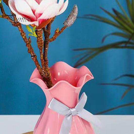 Light Plastic Vase Shatterproof Flower Vase with Ruffled Mouth Dried Flowers Holder with Bow for Bedroom Living Room Table Decor