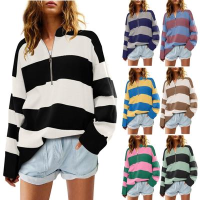 Bluzy damskie Oversize Długi rękaw Swobodne Paski Jesień Pół Zamek Błyskawiczny Dekolt w Serek Kolorowy Blok Bluzy Bluzy Bluzy