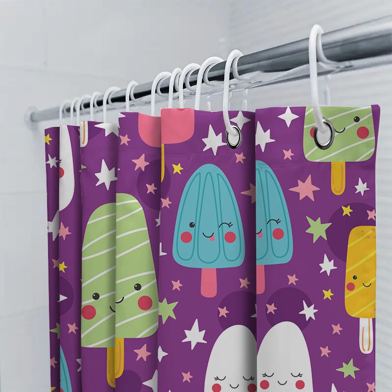 Cute Cartoon Popsicle Print Shower Curtain For Bathroom Decor 3D Printed Waterproof Fabric Bath Mat In Purple