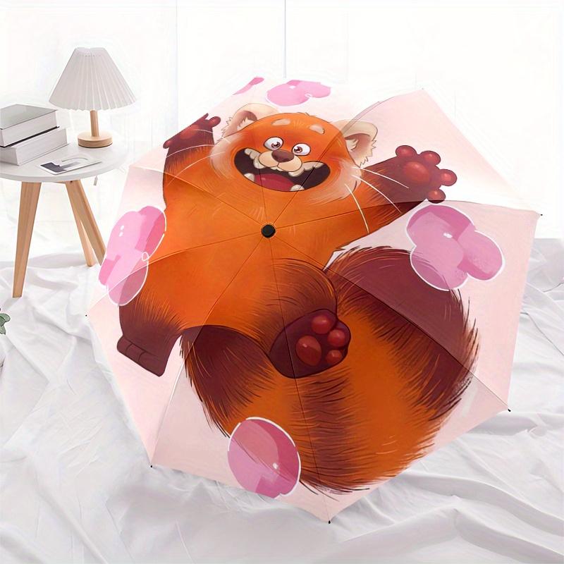 Cute,Cartoon,Red Panda Theme Automatic Compact Folding Cute Umbrella - Portable and Durable, 8-Bone Iron Umbrella for All Weather0707104