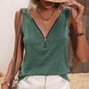 Summer Women Casual V Neck Zip Sleeveless Solid Color T Shirt Tank Top