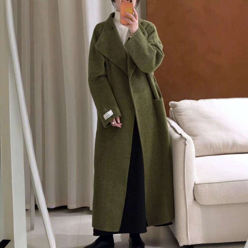 Womens Double-Faced Wool Alpaca Blend Long Coat With Oversized Notched Collar Slim Fit Winter Outerwear