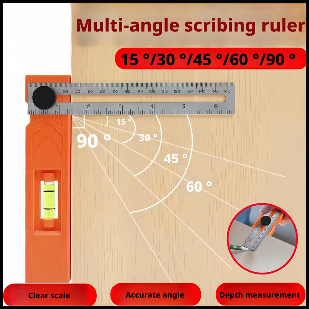 Multifunctional Angle Ruler, Precision Woodworking Protractor Level Measure Tool For Carpenter, 90/45 Degree With Depth Gauge