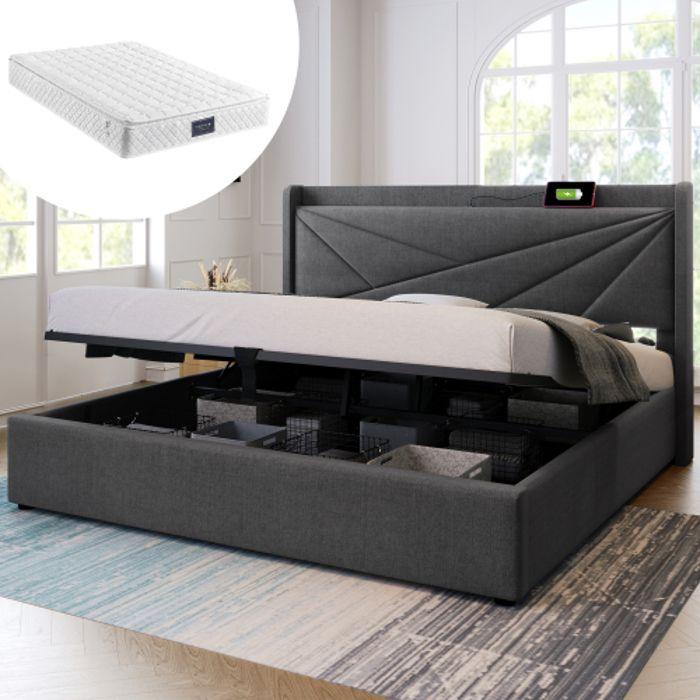 Lit Double Capitonné Tête De Lit Avec USB Type C, Cadre De Lit En Lin Sommier À Lattes (avec Matelas) 160x200