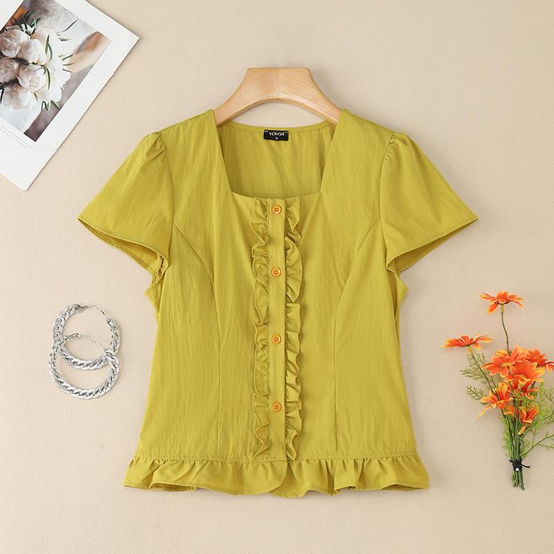 

VONDA Women Square Neck Short Sleeve Ruffled Solid Color Casual Cropped Blouse Tops S зелёный