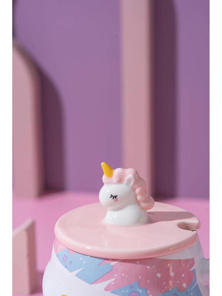 Einhorn Regenbogen Keramiktasse mit Deckel & Löffel - Niedliche Trinktasse für Mädchen