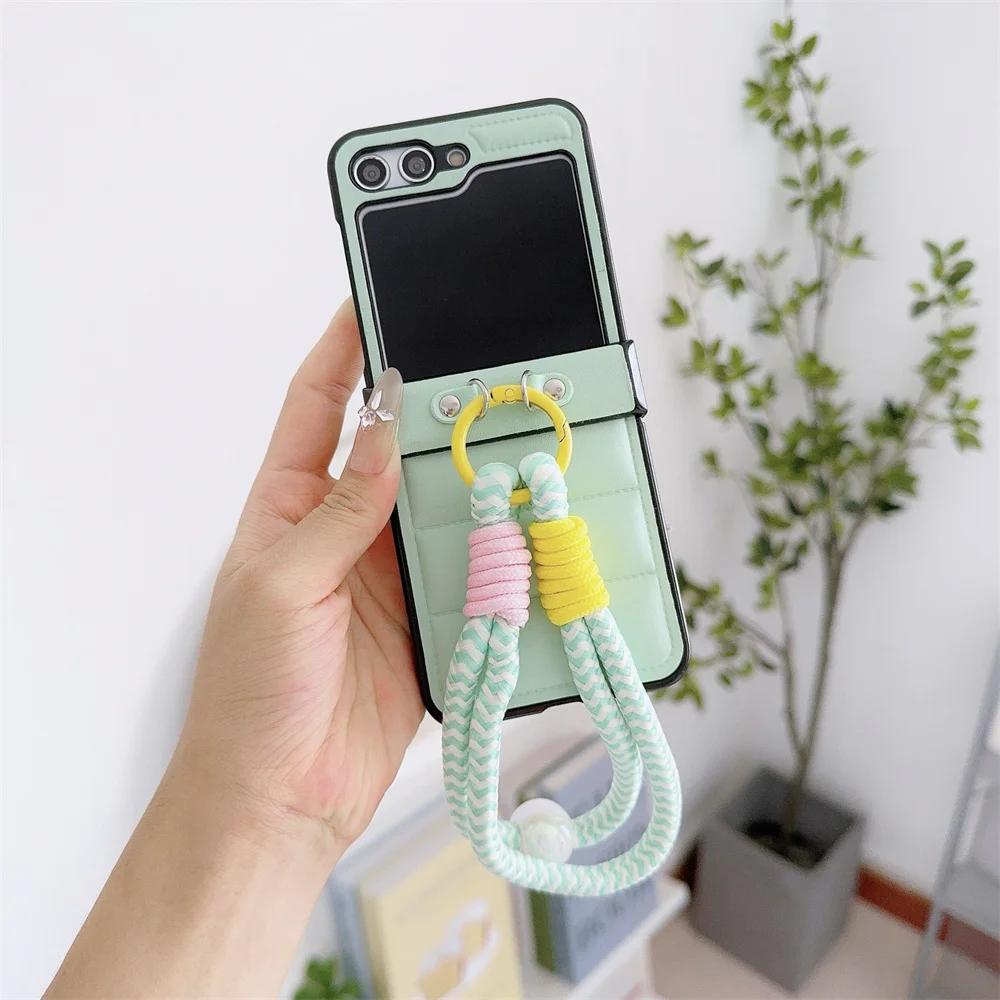 Down Jacket Style PU Leather Cover with Wrist Strap Bracelet For Samsung Galaxy Z Flip 6 5 4 3 Hard Hinge Protective Phone Case
