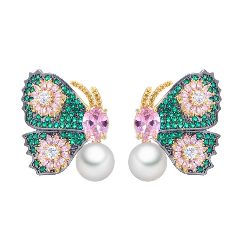 Bright Light Luxury Full Diamond Colored Butterfly Pearl Earrings Slightly Inlaid Zircon Brass Gold-Plated Earrings, Earrings.