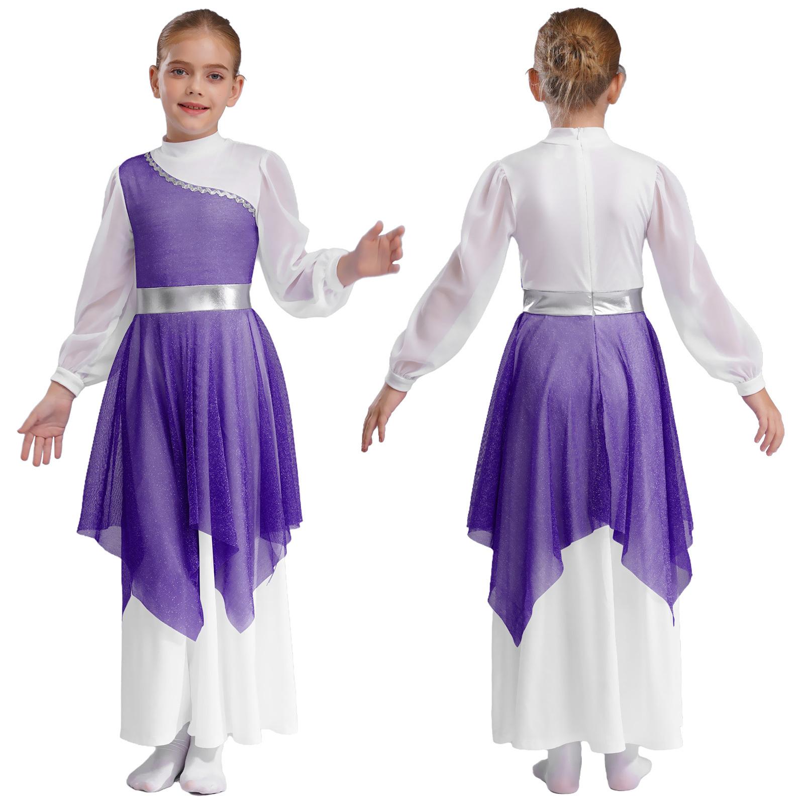 

Дівчача сукня для виступів, богослужінь, з довгим рукавом, з коміром-стійкою, сітчастими вставками, хвилястою обробкою, нерівним подолом 5-6 Years фіолетовий