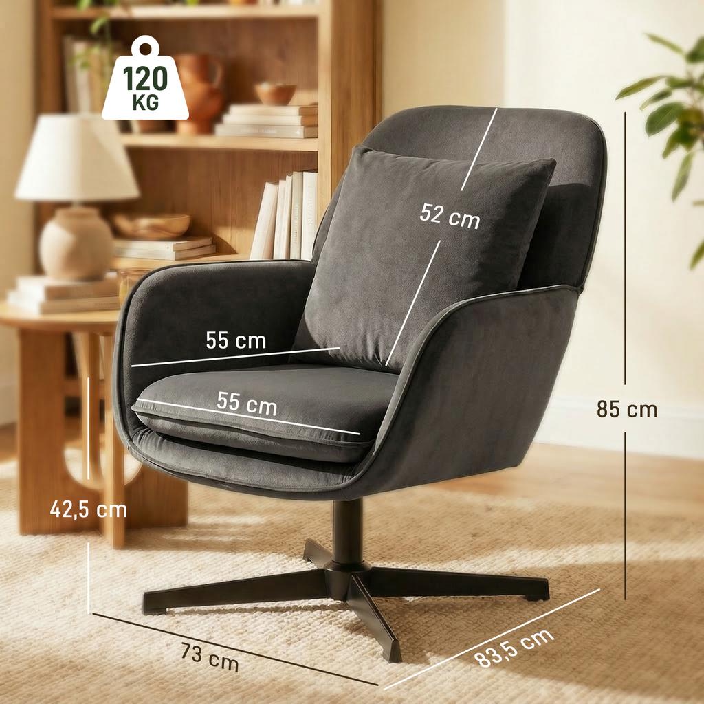 Lounge Chair, Upholstered Velvet Accent Chair, Metal Frame, Dark Grey