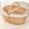 Handmade Wicker Basket With Handle Picnic Food Basket With Lid Hand-Woven Multi-Purpose Wicker Tray Desktop Decor Storage Box