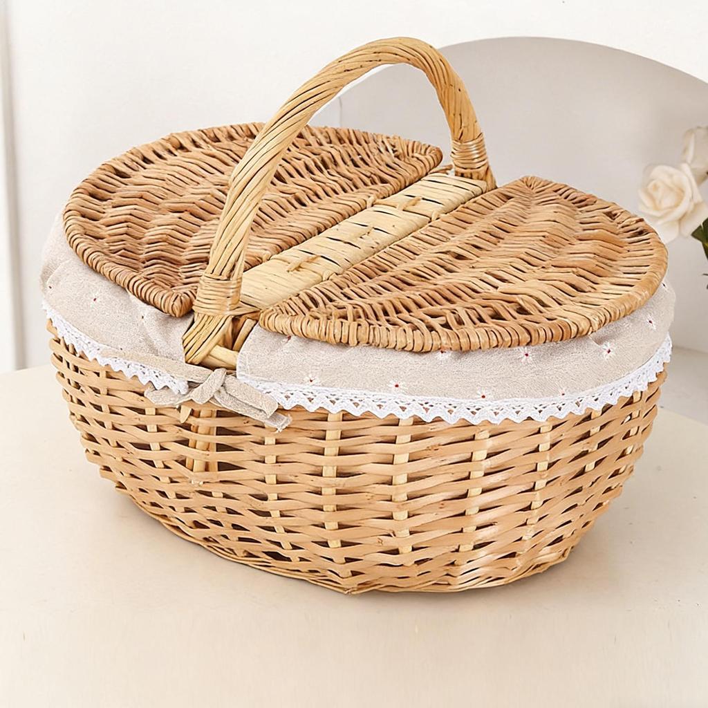 Handmade Wicker Basket With Handle Picnic Food Basket With Lid Hand-Woven Multi-Purpose Wicker Tray Desktop Decor Storage Box