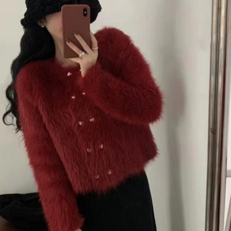 

Кардиган для тяжелой промышленности, женское пальто с зарубежной имитацией норкового флиса, вязаный кардиган, двухрядное пальто на пуговицах в форме сердца, женское One Size красный