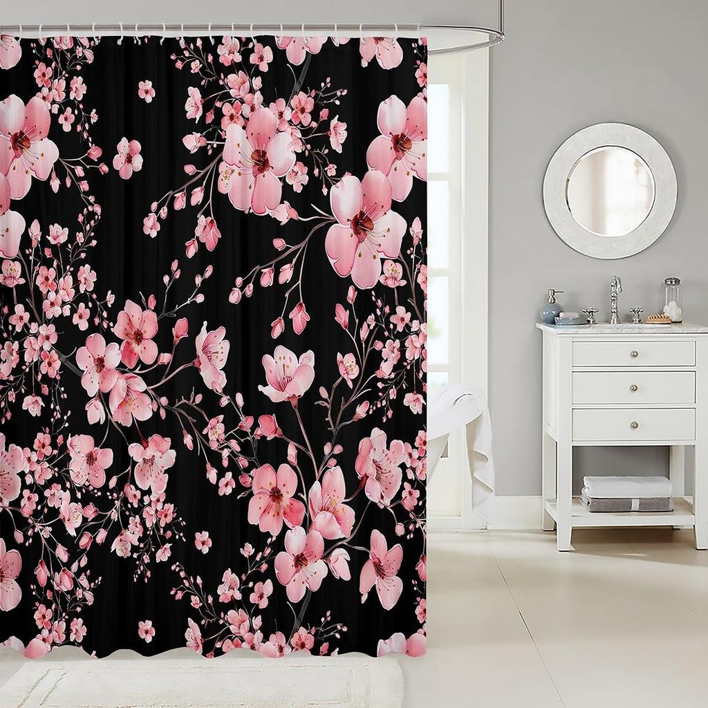 Cherry Blossom Flower Shower Curtains Pink Watercolor Peach Blossom Decor Bath Curtains For Bathtub Japaneses Style Rustic