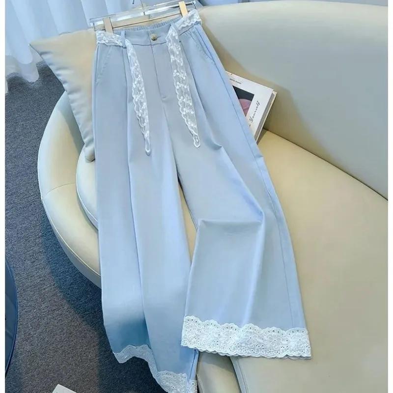 Loose Women's Thin  New Small Straight Pants Light Blue Lace Nine-point Casual Wide-leg Pants