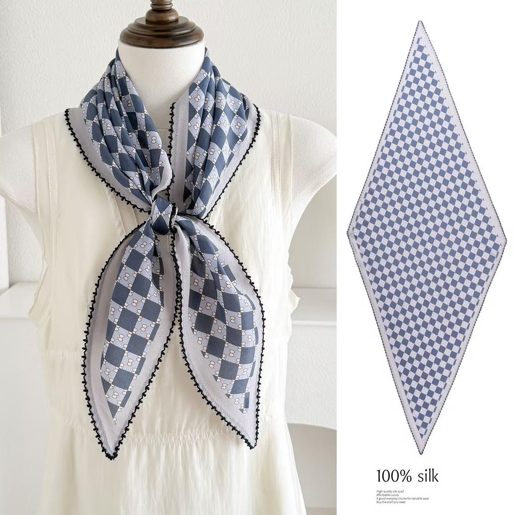 Spring new retro 111 mulberry silk silk scarf fashion temperament silk double crepe lace rhombus scarf accessories