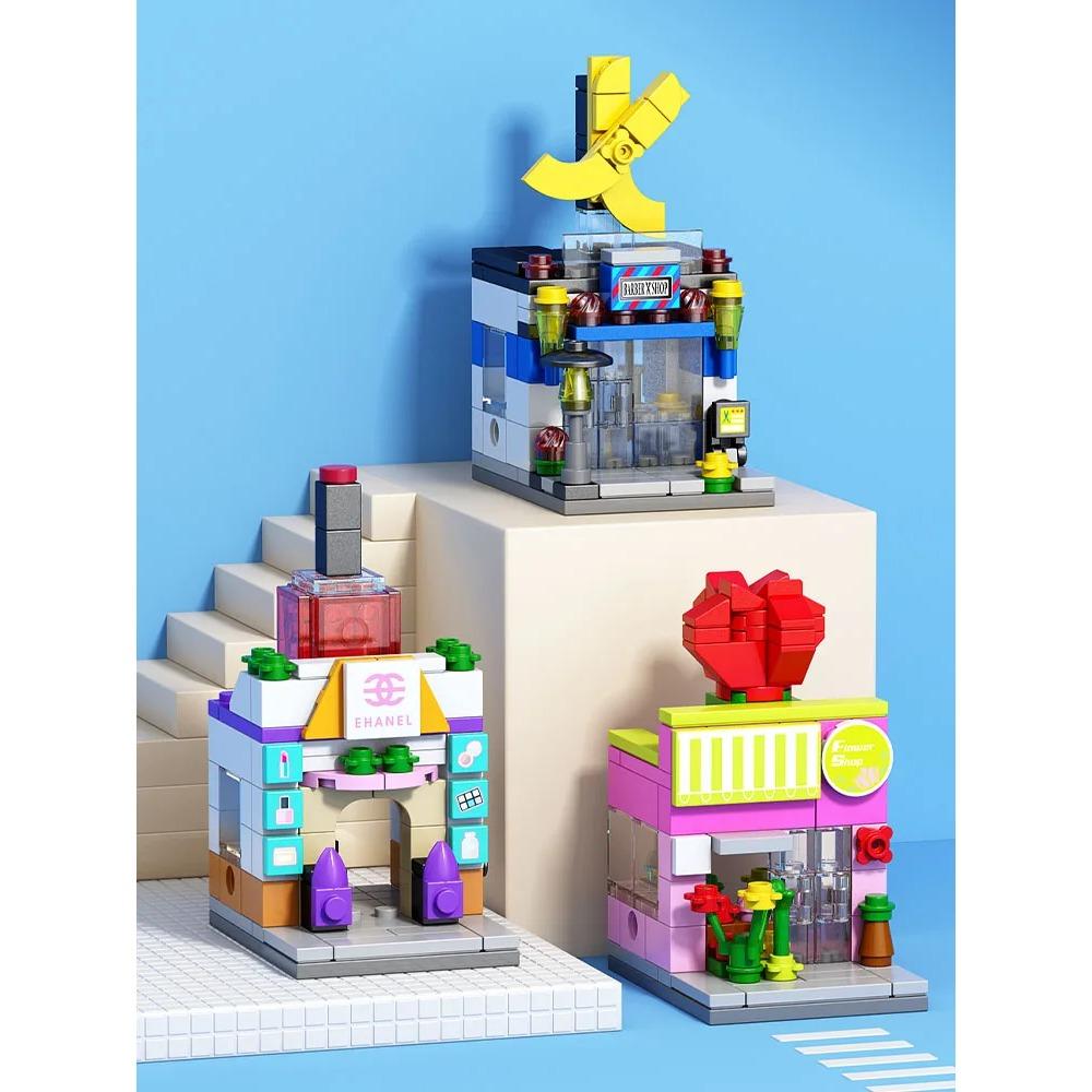 NEW DIY Makeup Convenience Store Flower Shop Hair Salon Piano Game Hall Fruit Bookstore Building Blocks Bricks Movie Model Toy
