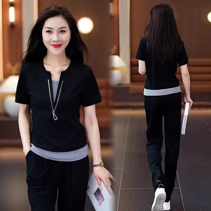 Short Sleeve Casual Sportssuit Women's Summer New Fashion Age-reducing Holiday Two-piece Top Straight-leg Pants Two-piece Set