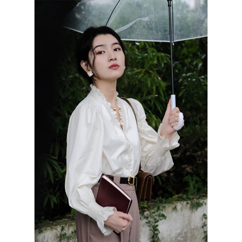 Hemden Damen Frühling All-Match V-Ausschnitt Stilvolles Koreanisches Design Retro Bequem Elegant Lässig Trendig Rüschen Neu Schick Sanft