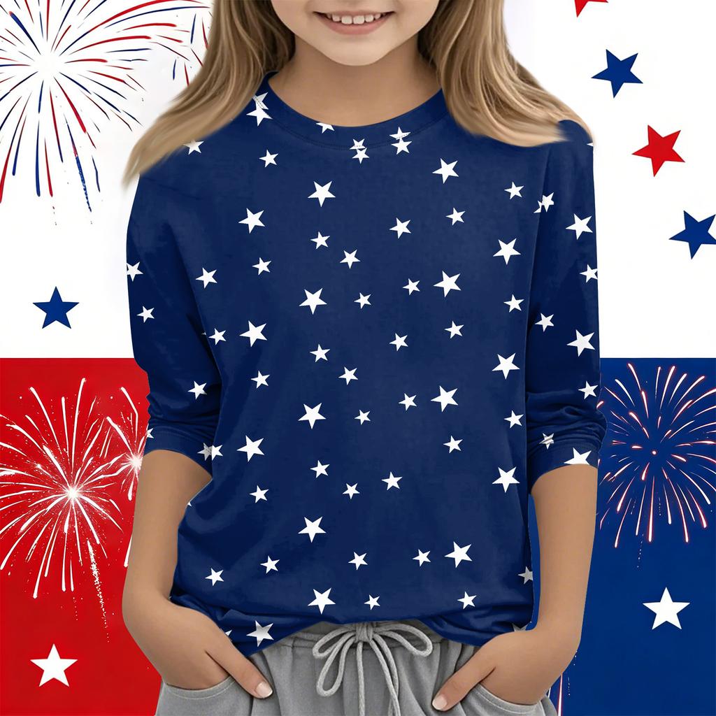 Print Tops For Youth Girls Round Neck 3/4 Sleeves T-Shirts Trendy Tops Outfit Tees Independence Day