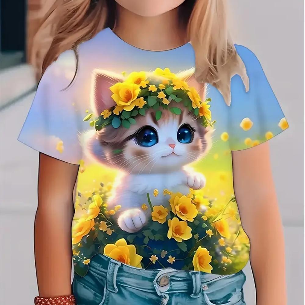 

Одежда для девочек Милый кот Повседневный комфорт Графические футболки Принт Лето Милая и забавная уличная одежда Сделай фото 100