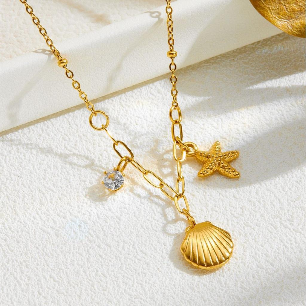 Wenjian Maldives Style Exquisite Shell, Claw Diamond, Starfish Short Chain Clavicle Necklace Titanium Steel Gold-Plated Jewelry