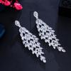 CMM Shiny Silver Color Cubic Zirconia Long Leaf Drop Earrings for Brides